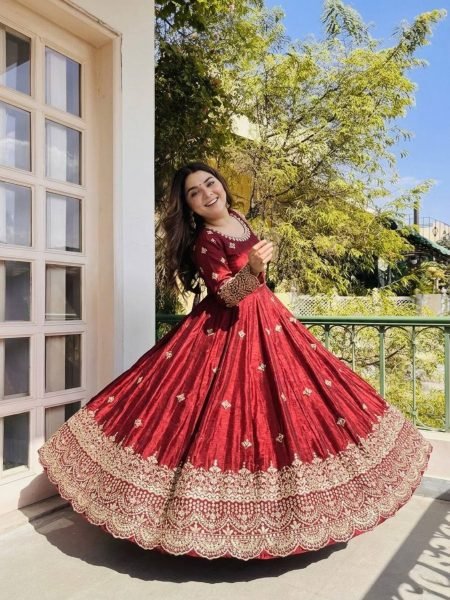 Minimalist Maroon Fendy Silk Gown Set with Embroidery Sequence Work for Weddings and Festivals 