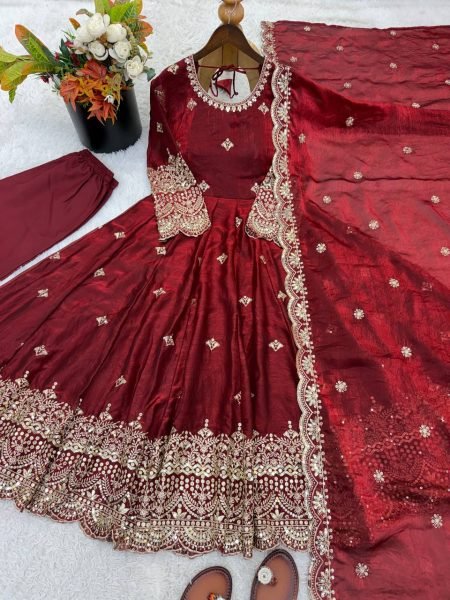 Minimalist Maroon Fendy Silk Gown Set with Embroidery Sequence Work for Weddings and Festivals Ready To Wear Collection