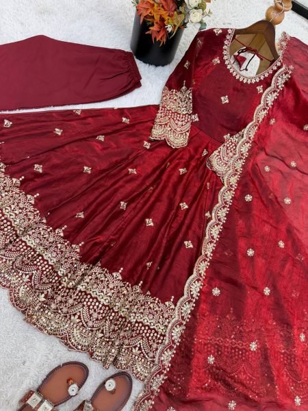 Minimalist Maroon Fendy Silk Gown Set with Embroidery Sequence Work for Weddings and Festivals Ready To Wear Collection