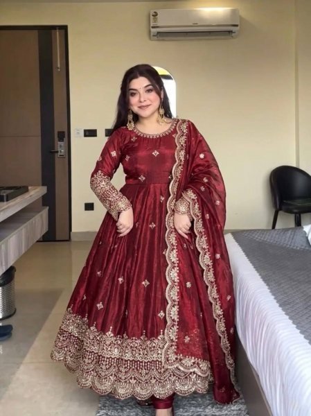 Minimalist Maroon Fendy Silk Gown Set with Embroidery Sequence Work for Weddings and Festivals Ready To Wear Collection