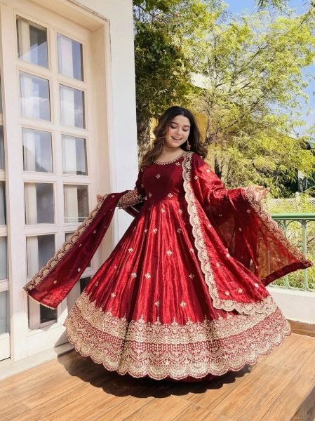 Minimalist Maroon Fendy Silk Gown Set with Embroidery Sequence Work for Weddings and Festivals Ready To Wear Collection