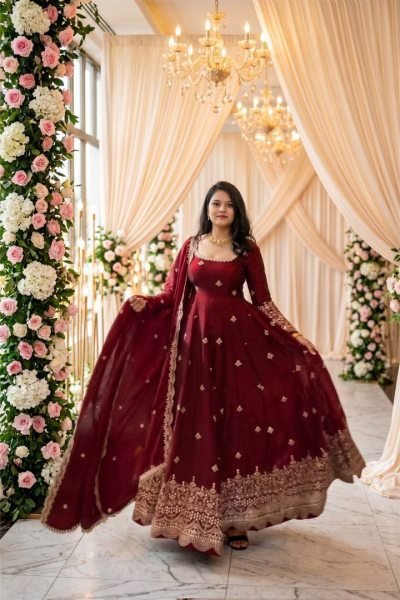 Minimalist Maroon Fendy Silk Gown Set with Embroidery Sequence Work for Weddings and Festivals Ready To Wear Collection