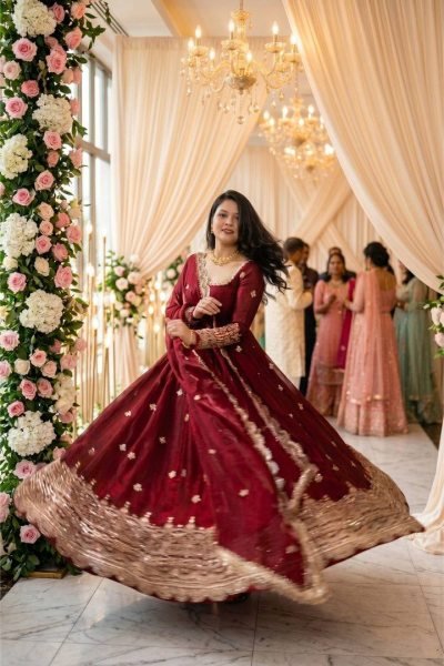 Minimalist Maroon Fendy Silk Gown Set with Embroidery Sequence Work for Weddings and Festivals Ready To Wear Collection