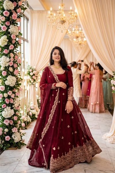 Minimalist Maroon Fendy Silk Gown Set with Embroidery Sequence Work for Weddings and Festivals Ready To Wear Collection
