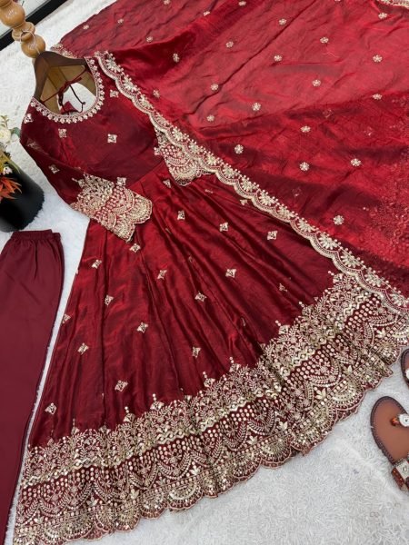 Minimalist Maroon Fendy Silk Gown Set with Embroidery Sequence Work for Weddings and Festivals Ready To Wear Collection