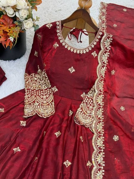 Minimalist Maroon Fendy Silk Gown Set with Embroidery Sequence Work for Weddings and Festivals Ready To Wear Collection