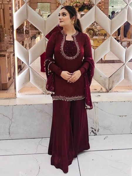 Minimalist Maroon Heavy Faux Georgette Embroidered Kurti with Umbrella Flair Palazzo 