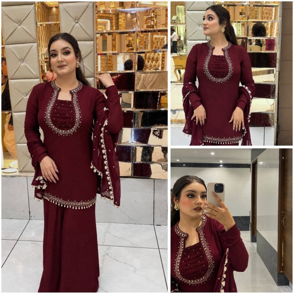 Minimalist Maroon Heavy Faux Georgette Embroidered Kurti with Umbrella Flair Palazzo Ready To Wear Collection