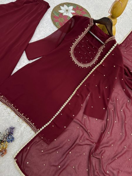 Minimalist Maroon Heavy Faux Georgette Embroidered Kurti with Umbrella Flair Palazzo Ready To Wear Collection