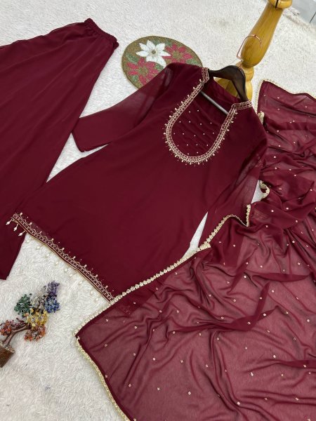 Minimalist Maroon Heavy Faux Georgette Embroidered Kurti with Umbrella Flair Palazzo Ready To Wear Collection