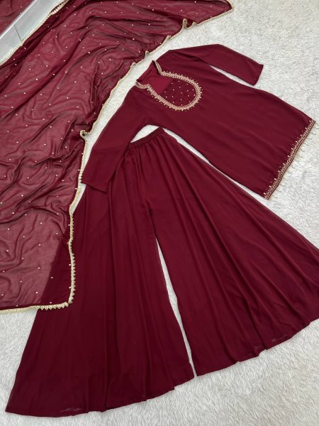 Minimalist Maroon Heavy Faux Georgette Embroidered Kurti with Umbrella Flair Palazzo Ready To Wear Collection
