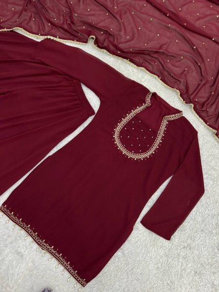 Minimalist Maroon Heavy Faux Georgette Embroidered Kurti with Umbrella Flair Palazzo Ready To Wear Collection