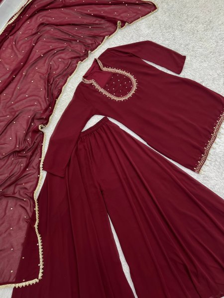 Minimalist Maroon Heavy Faux Georgette Embroidered Kurti with Umbrella Flair Palazzo Ready To Wear Collection