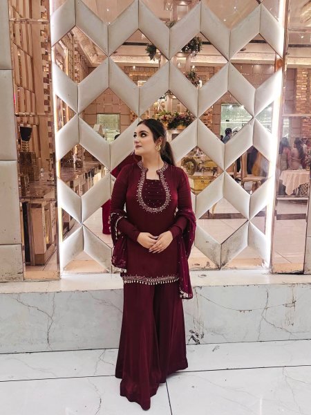 Minimalist Maroon Heavy Faux Georgette Embroidered Kurti with Umbrella Flair Palazzo Ready To Wear Collection