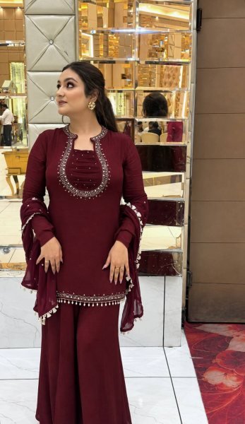 Minimalist Maroon Heavy Faux Georgette Embroidered Kurti with Umbrella Flair Palazzo Ready To Wear Collection