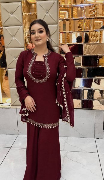 Minimalist Maroon Heavy Faux Georgette Embroidered Kurti with Umbrella Flair Palazzo Ready To Wear Collection