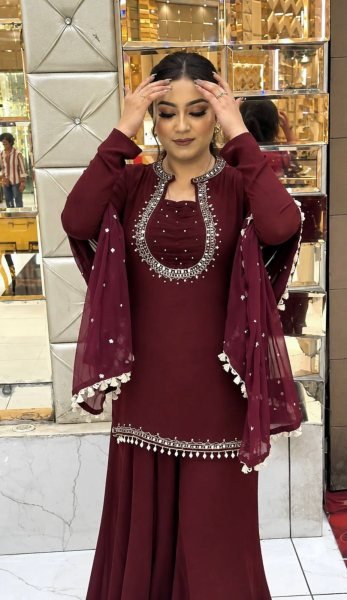 Minimalist Maroon Heavy Faux Georgette Embroidered Kurti with Umbrella Flair Palazzo Ready To Wear Collection