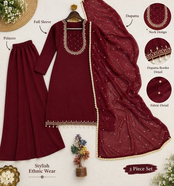 Minimalist Maroon Heavy Faux Georgette Embroidered Kurti with Umbrella Flair Palazzo Ready To Wear Collection