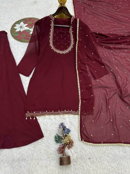 Minimalist Maroon Heavy Faux Georgette Embroidered Kurti with Umbrella Flair Palazzo Ready To Wear Collection