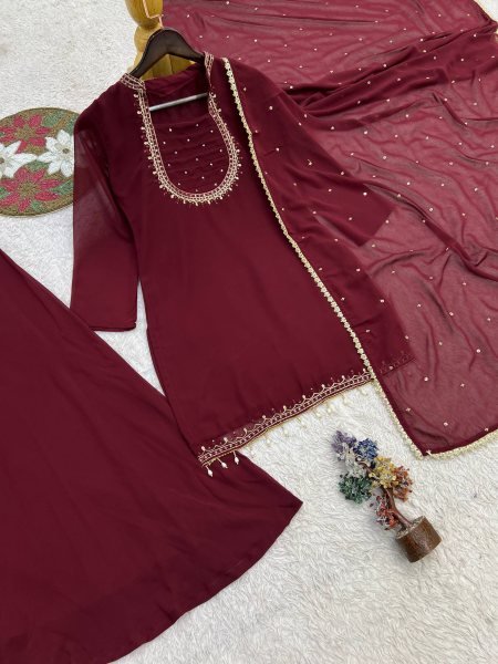 Minimalist Maroon Heavy Faux Georgette Embroidered Kurti with Umbrella Flair Palazzo Ready To Wear Collection