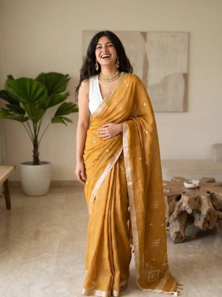 Minimalist Mustard Yellow Linen Cotton Digital Printed Saree with Tussle Detailing 