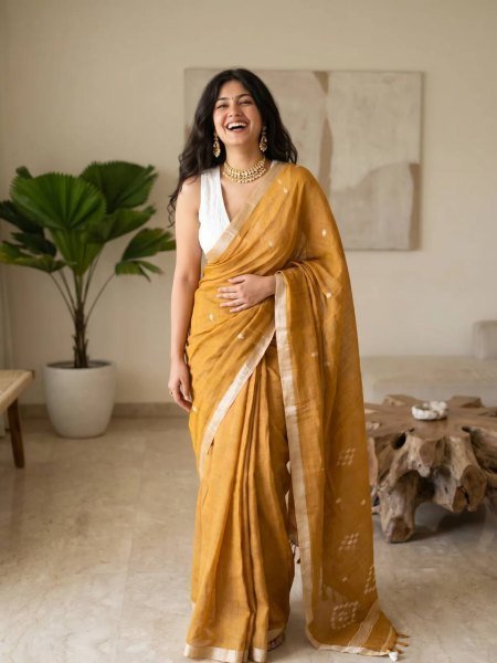 Minimalist Mustard Yellow Linen Cotton Digital Printed Saree with Tussle Detailing Printed Cotton Sarees Wholesale