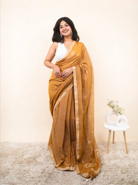Minimalist Mustard Yellow Linen Cotton Digital Printed Saree with Tussle Detailing Printed Cotton Sarees Wholesale