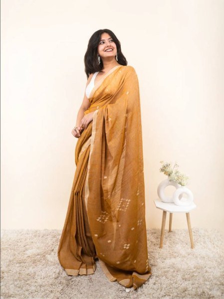 Minimalist Mustard Yellow Linen Cotton Digital Printed Saree with Tussle Detailing Printed Cotton Sarees Wholesale