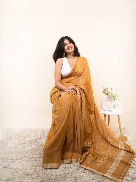 Minimalist Mustard Yellow Linen Cotton Digital Printed Saree with Tussle Detailing Printed Cotton Sarees Wholesale