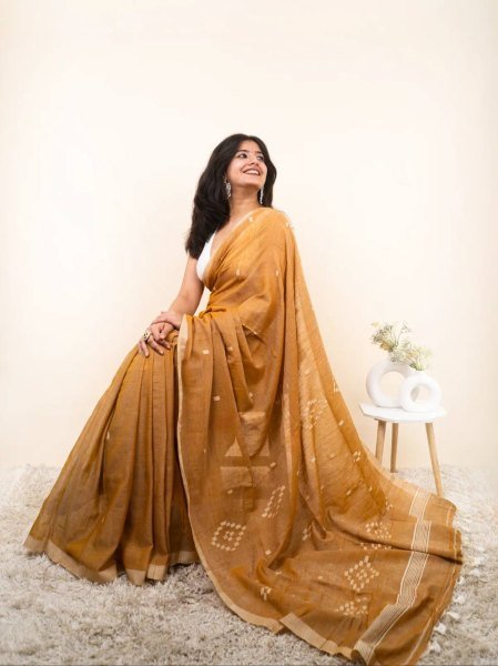 Minimalist Mustard Yellow Linen Cotton Digital Printed Saree with Tussle Detailing Printed Cotton Sarees Wholesale