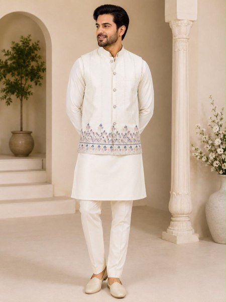 Minimalist OffWhite Premium Men s Wedding Wear Koti Kurta Pant Set in Malai Satin 