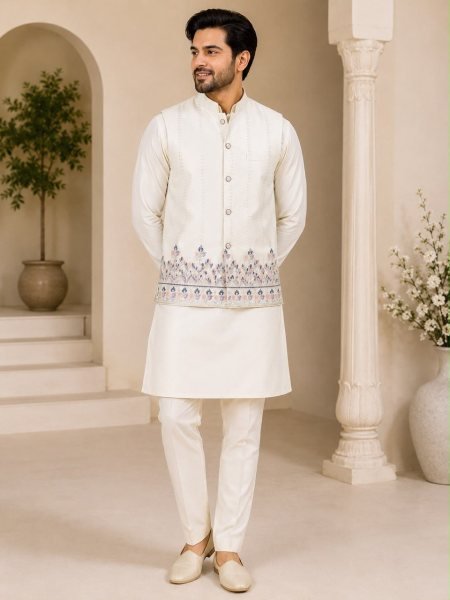 Minimalist OffWhite Premium Men s Wedding Wear Koti Kurta Pant Set in Malai Satin Kurta Pajama Wholesale