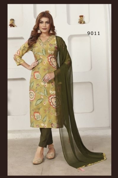 Minimalist Olive Green Floral Printed Chanderi Kurta Set with Embroidery Solid Pants  Straight Cut Long Kurtis
