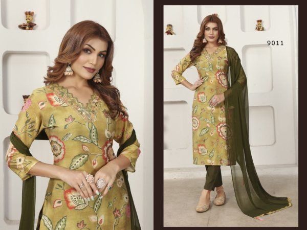 Minimalist Olive Green Floral Printed Chanderi Kurta Set with Embroidery Solid Pants  Straight Cut Long Kurtis