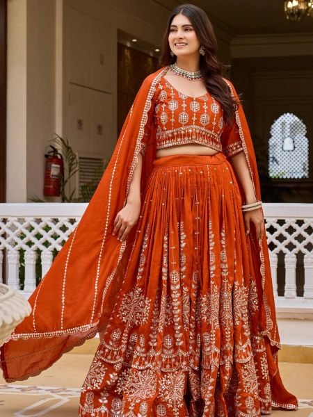 Minimalist Orange Designer Vichitra Silk Wedding Lehenga Choli with Heavy Sequins Work  Lehenga
