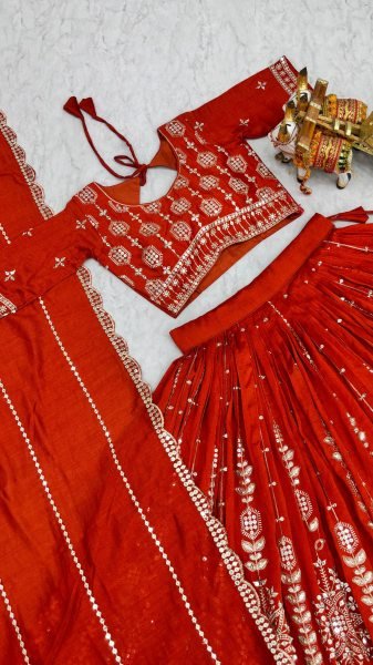 Minimalist Orange Designer Vichitra Silk Wedding Lehenga Choli with Heavy Sequins Work Designer Lehenga Choli