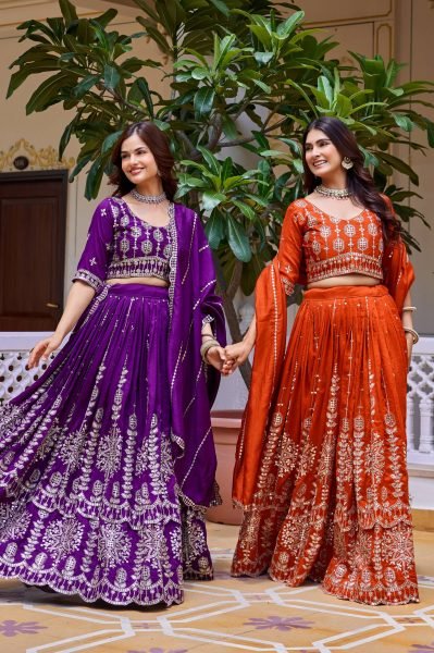 Minimalist Orange Designer Vichitra Silk Wedding Lehenga Choli with Heavy Sequins Work Designer Lehenga Choli