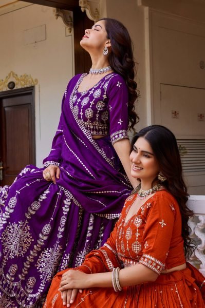 Minimalist Orange Designer Vichitra Silk Wedding Lehenga Choli with Heavy Sequins Work Designer Lehenga Choli