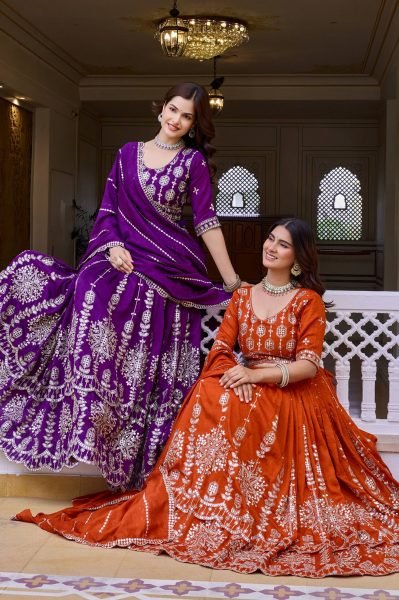 Minimalist Orange Designer Vichitra Silk Wedding Lehenga Choli with Heavy Sequins Work Designer Lehenga Choli