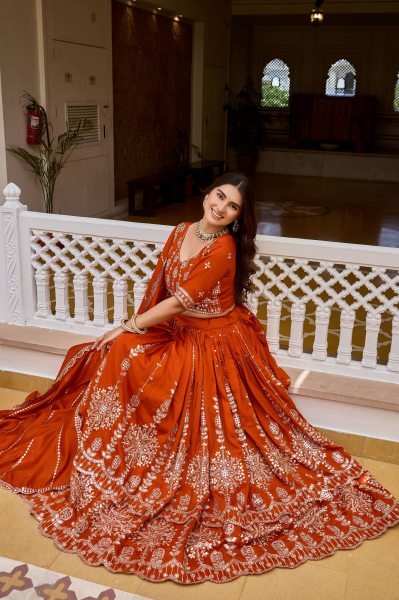Minimalist Orange Designer Vichitra Silk Wedding Lehenga Choli with Heavy Sequins Work Designer Lehenga Choli