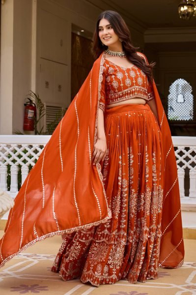 Minimalist Orange Designer Vichitra Silk Wedding Lehenga Choli with Heavy Sequins Work Designer Lehenga Choli