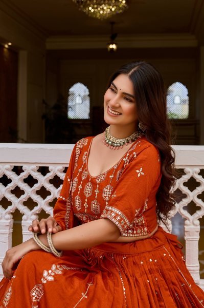 Minimalist Orange Designer Vichitra Silk Wedding Lehenga Choli with Heavy Sequins Work Designer Lehenga Choli