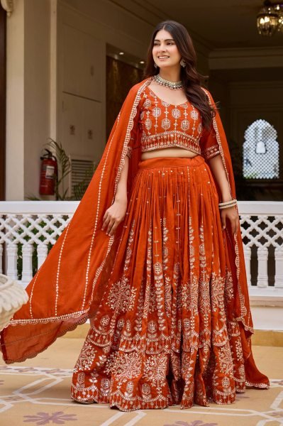 Minimalist Orange Designer Vichitra Silk Wedding Lehenga Choli with Heavy Sequins Work Designer Lehenga Choli