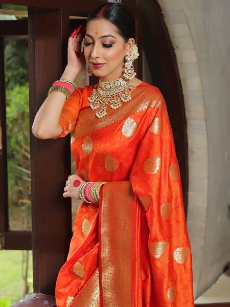 Minimalist Orange Stylish Lichi Silk Saree for Women Daily Wear Collection Silk Sarees Wholesale