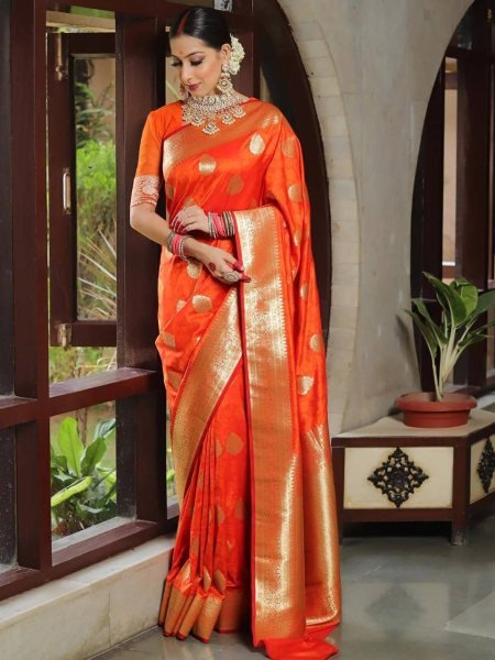 Minimalist Orange Stylish Lichi Silk Saree for Women Daily Wear Collection Silk Sarees Wholesale