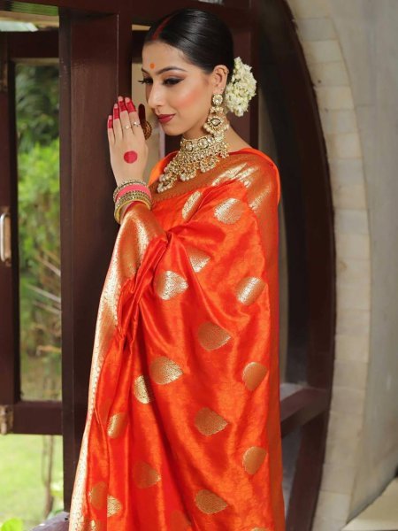Minimalist Orange Stylish Lichi Silk Saree for Women Daily Wear Collection Silk Sarees Wholesale