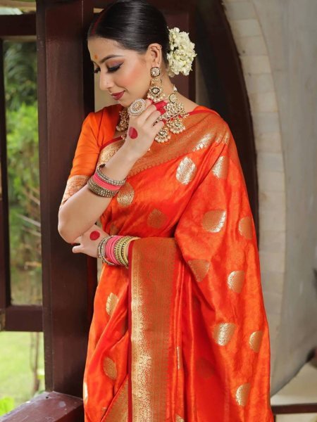 Minimalist Orange Stylish Lichi Silk Saree for Women Daily Wear Collection Silk Sarees Wholesale