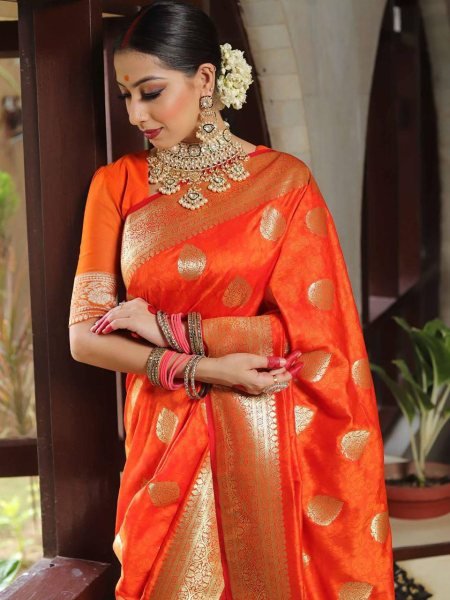 Minimalist Orange Stylish Lichi Silk Saree for Women Daily Wear Collection Silk Sarees Wholesale