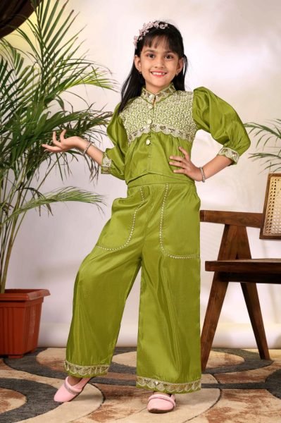 Minimalist Parrot Green Girls Cotton Top Plazzo Set with Embroidery for Daily Wear Girls Wear