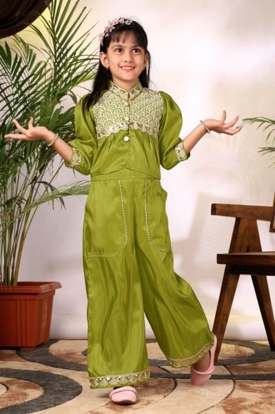 Minimalist Parrot Green Girls Cotton Top Plazzo Set with Embroidery for Daily Wear Girls Wear